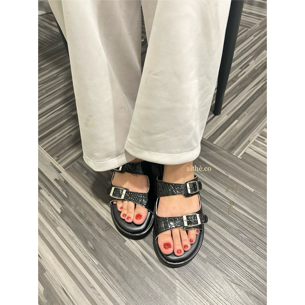 aithè croco black - Sandal Wanita | Sandal Buckle Double Strap | Sandal Hitam Textured | Flat Sandal