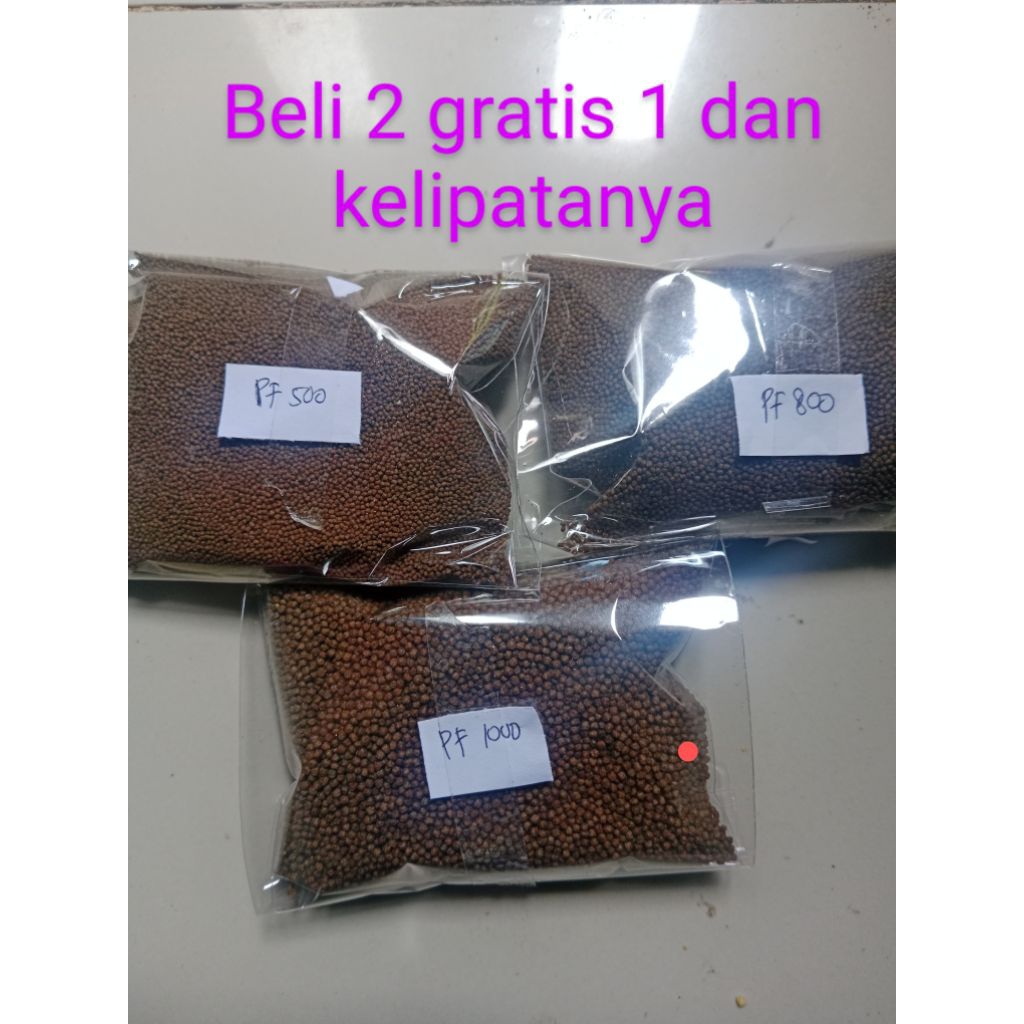 pelet pakan ikan pf500 pf800 pf1000 berat 50 gram beli 2 dapat 3 dan kelipatanya