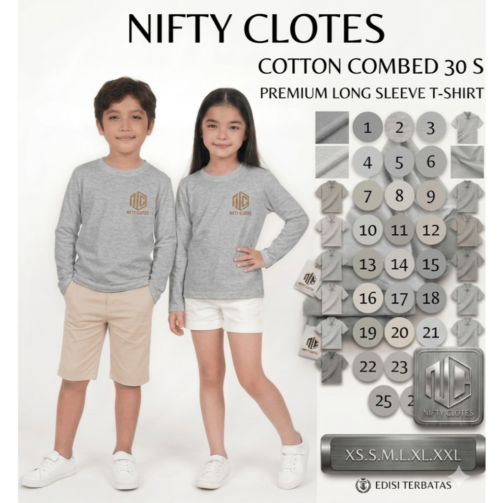 Niftycloth Kaos Polos Anak Lengan Panjang Abu Sedang