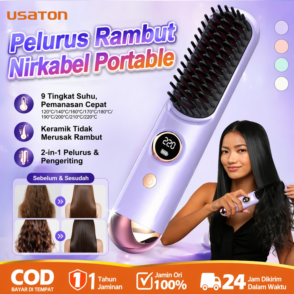 USATON Catokan Rambut Nirkabel Ceramic Catok 9 Tingkat Suhu Catokan Mini Catokan Sisir Pelurus Rambu