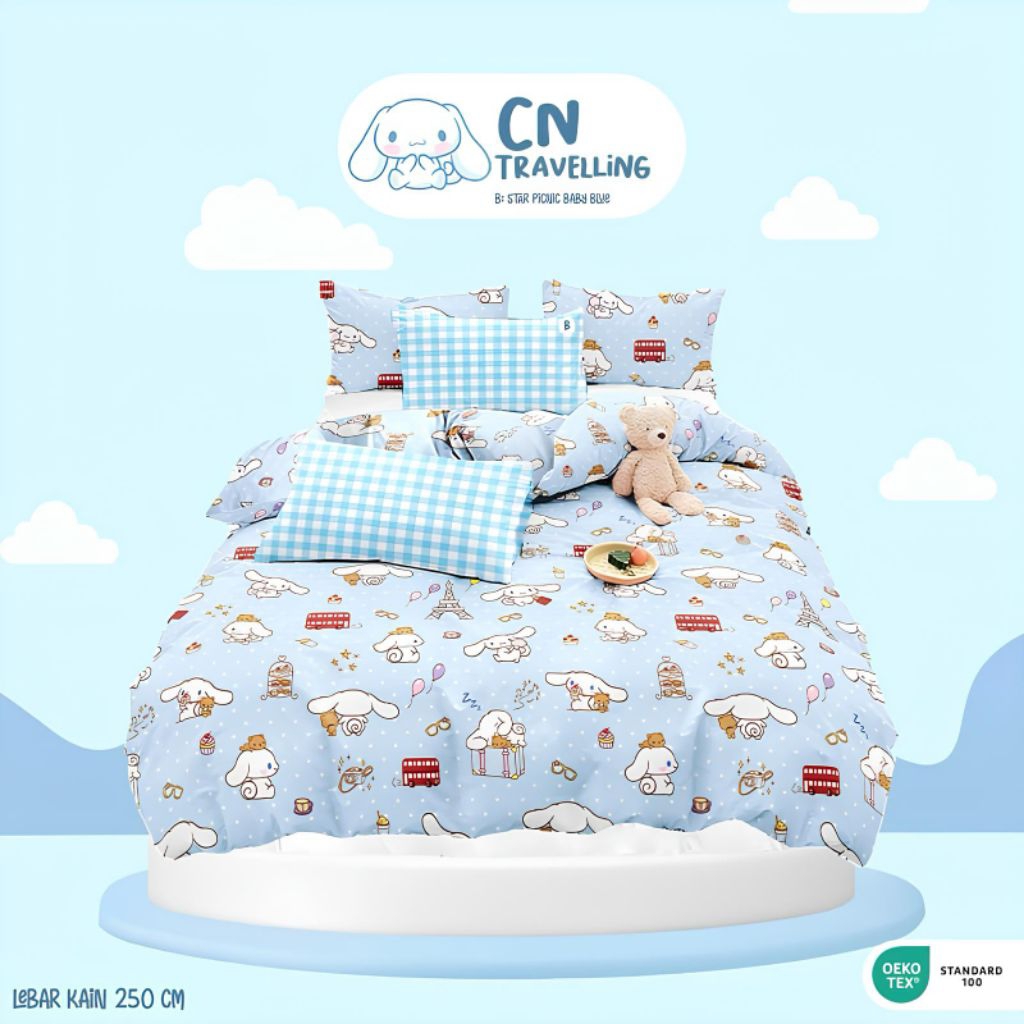 Bedcover Set Sprei Karakter Cinnamorol Bahan Microsilk Premium Lembut Ukuran 180x200/160x200/200x200