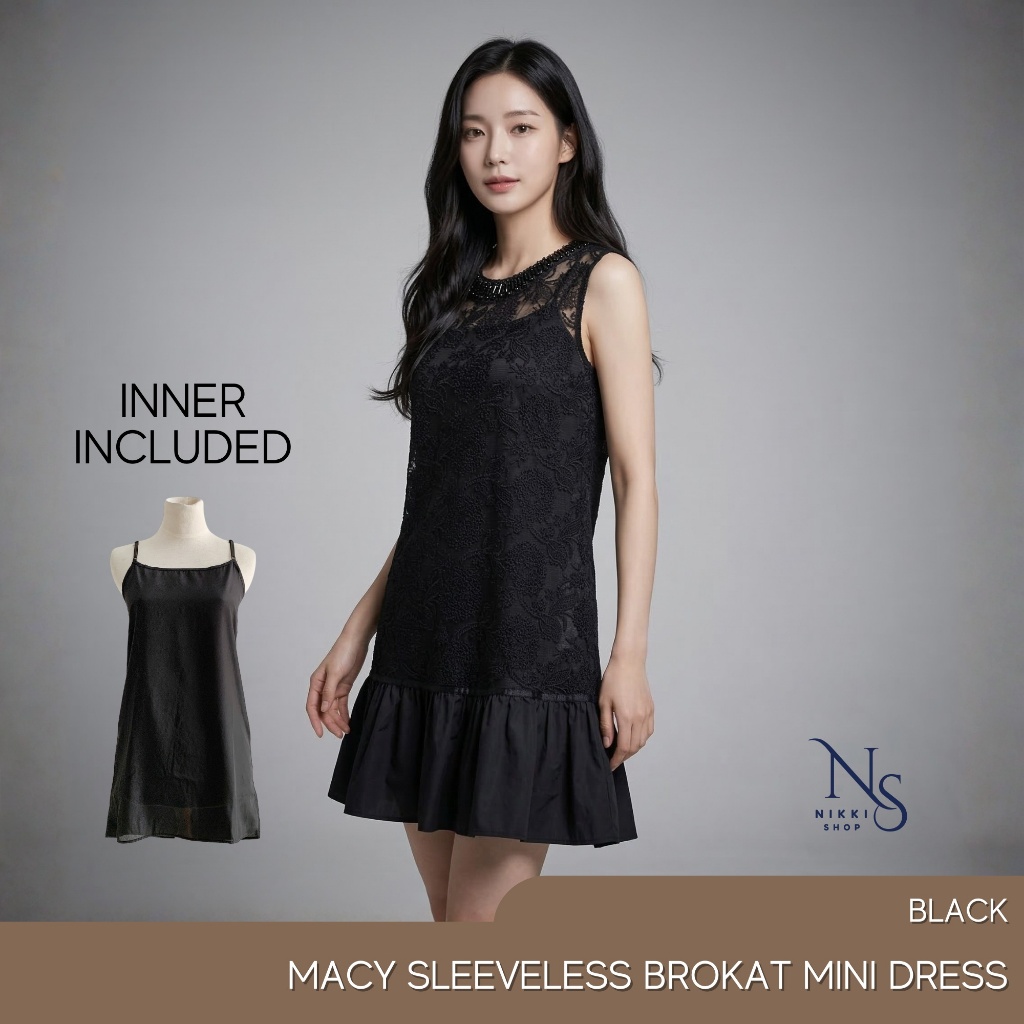 Baju Terusan Mini Brokat Wanita Hitam Elegan Sleeveless + Inner | Macy Dress Premium Kondangan Pesta