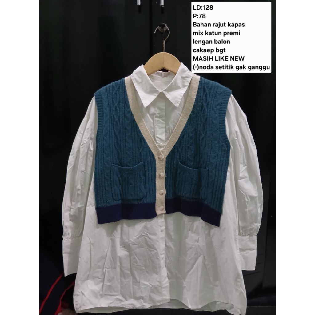 (COD)Atasan blouse kemeja vest rompi rajut mix katun oversize wanita lengan balon warna putih biru