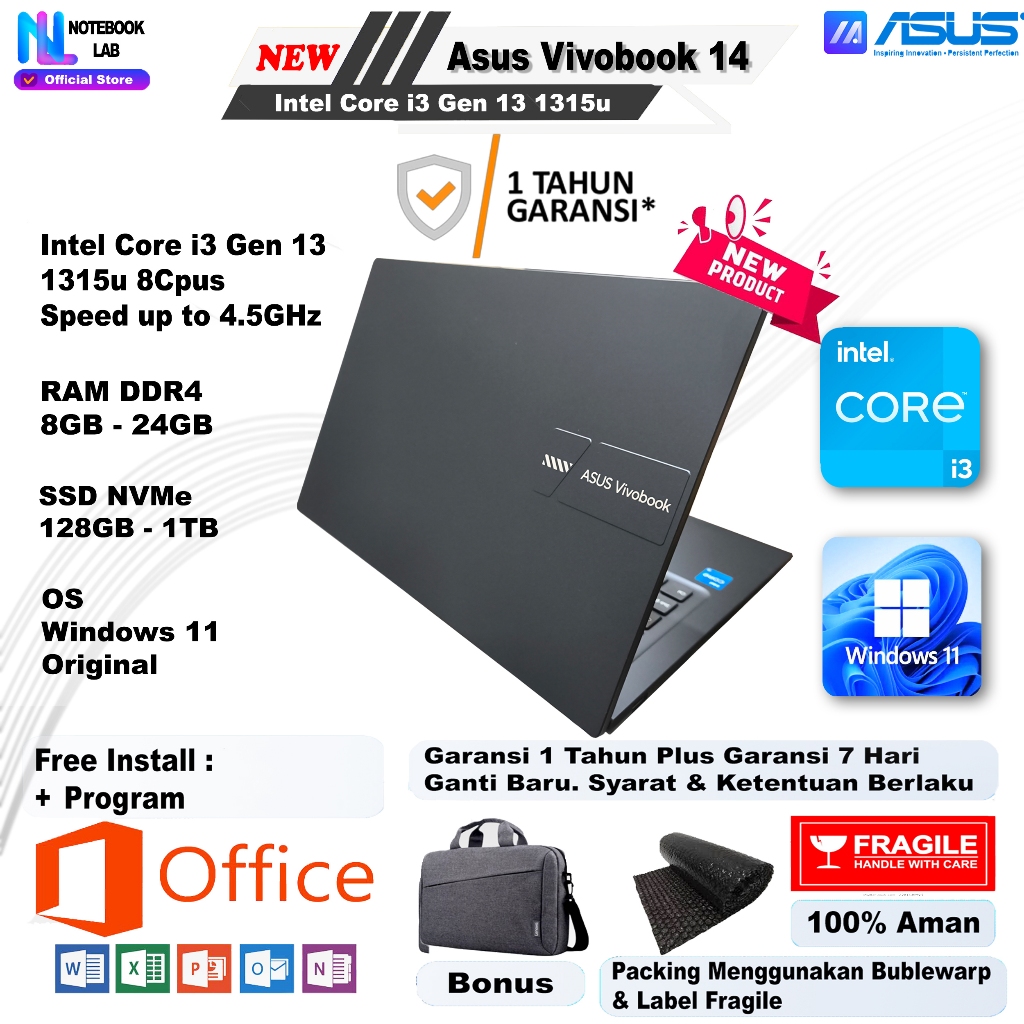 Laptop Asus Vivobook 14 Core i3 Gen 13 1315u FullHD Garansi 1 Tahun