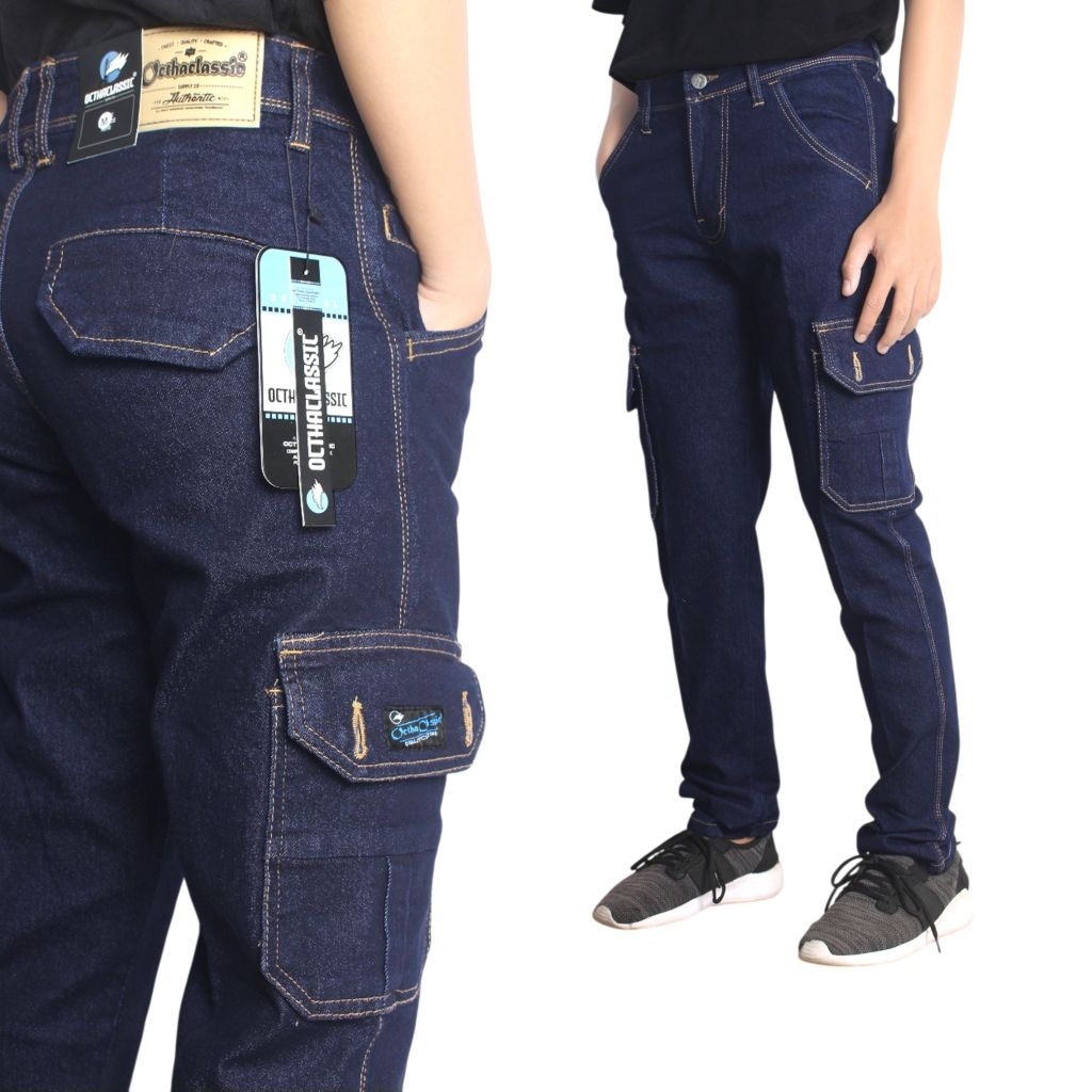Celana Cargo Jeans Denim Pria Blue Garmen Denim Stretch / Celana Jeans Cargo Pria Denim Stretch Octh