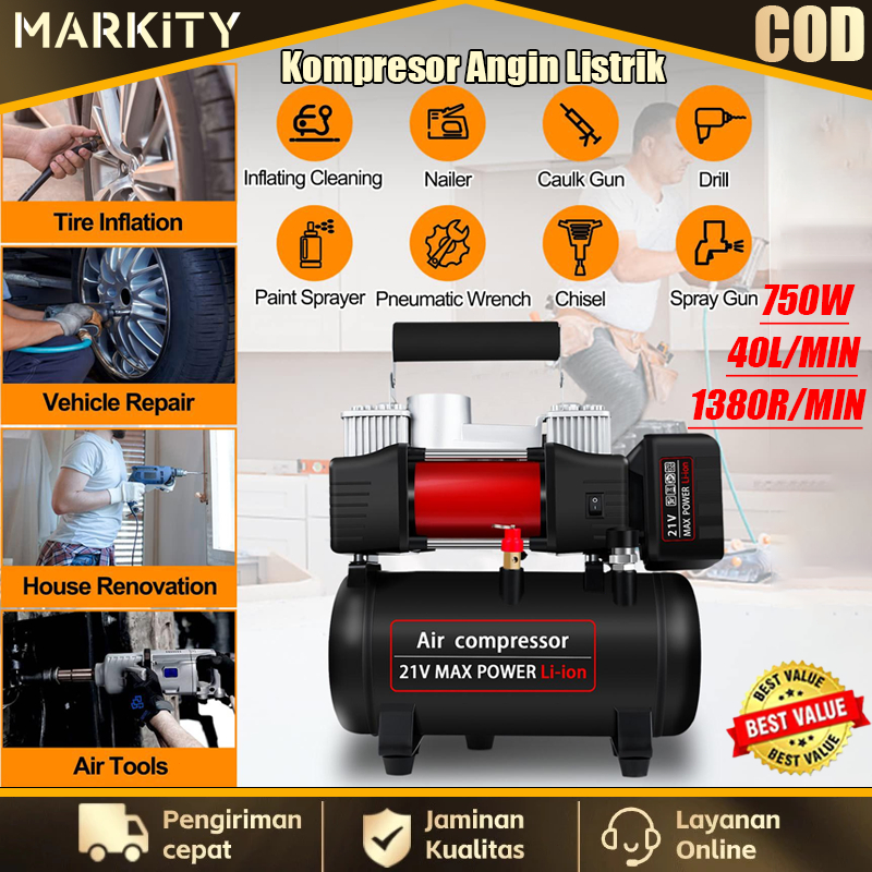 MARKITY Kompresor Angin Listrik 40L/MIN Oiless Listrik Udara Pompa Angin 750W Kompresor Mini Listrik