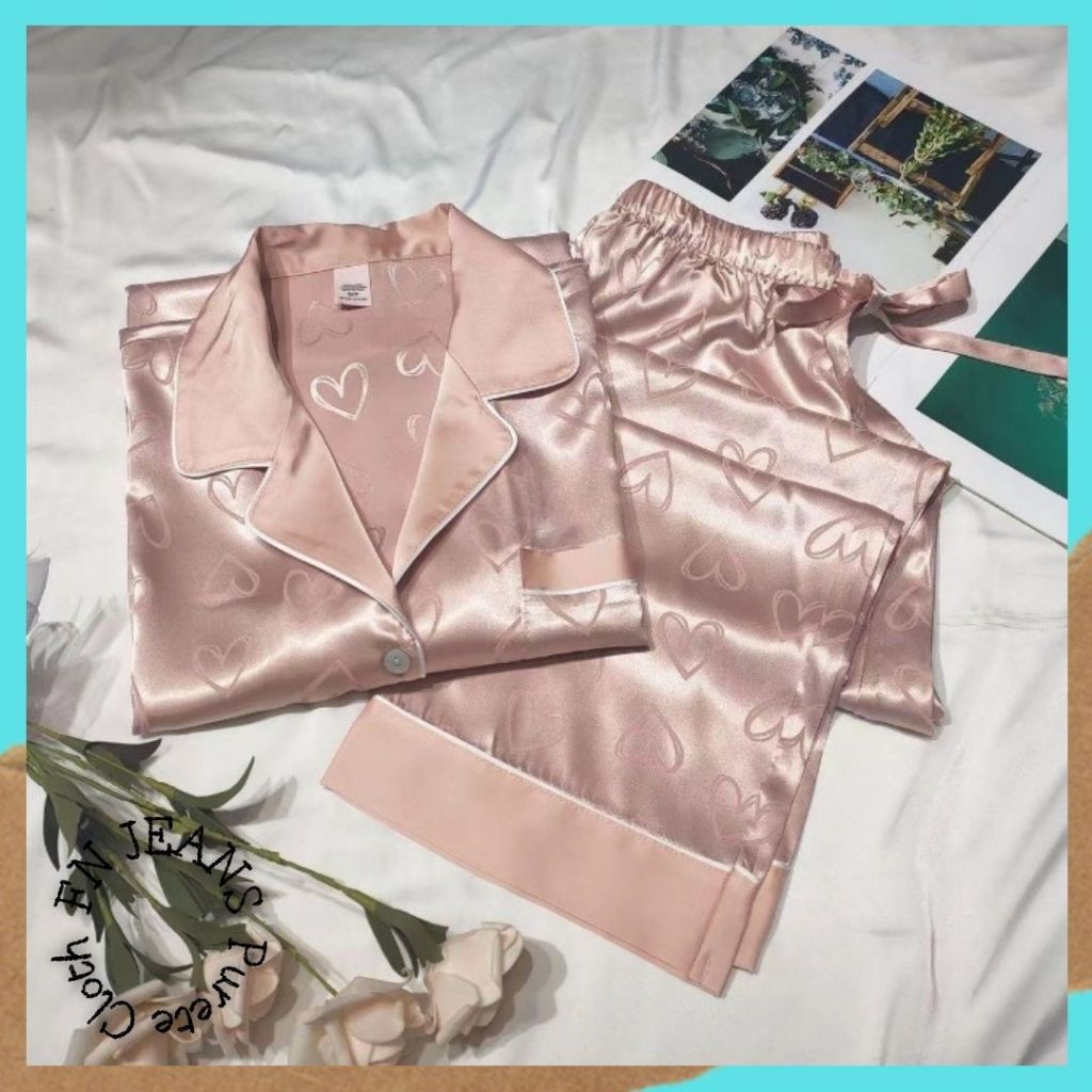 Piyama Wanita Setelan Satin Silk Baju Tidur Import Motif Love Pink Adem Lembut BTW 10