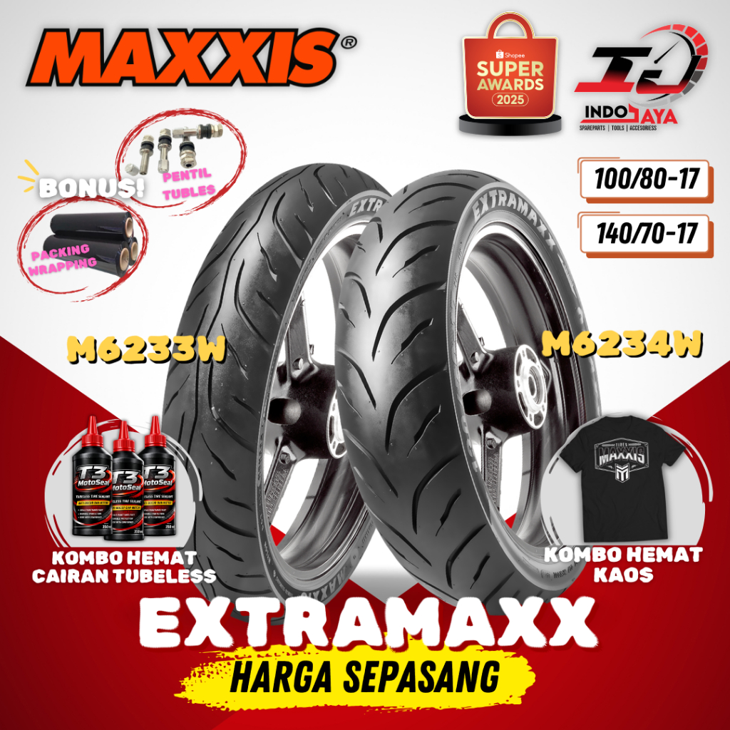 [PAKET MURAH SEPASANG] BAN MAXXIS EXTRAMAXX TUBELESS (100/80-17 & 140/70-17) M6233W / M6234W / M6233