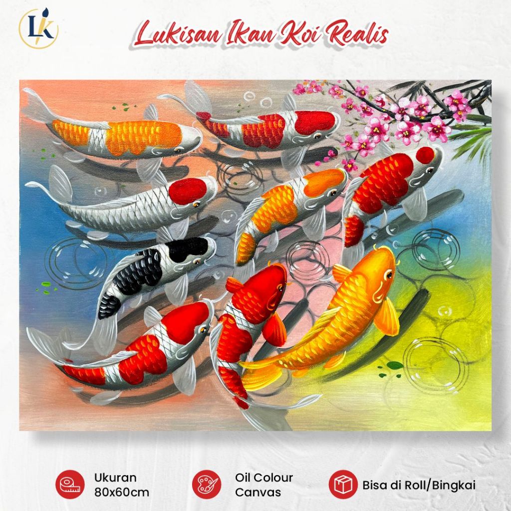 Lukisan Kanvas - Lukisan Ikan Koi 9 Ekor 60x80cm Handmade Hiasan Dinding Ruang Tamu