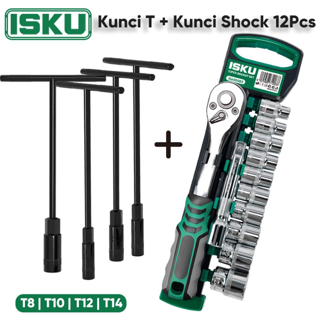 ISKU Kunci T Set Viper 4 PCS Ukuran 8-10-12-14 Kunci Shock 12Pcs Kunci Pas Ratchet 1/2 Inch
