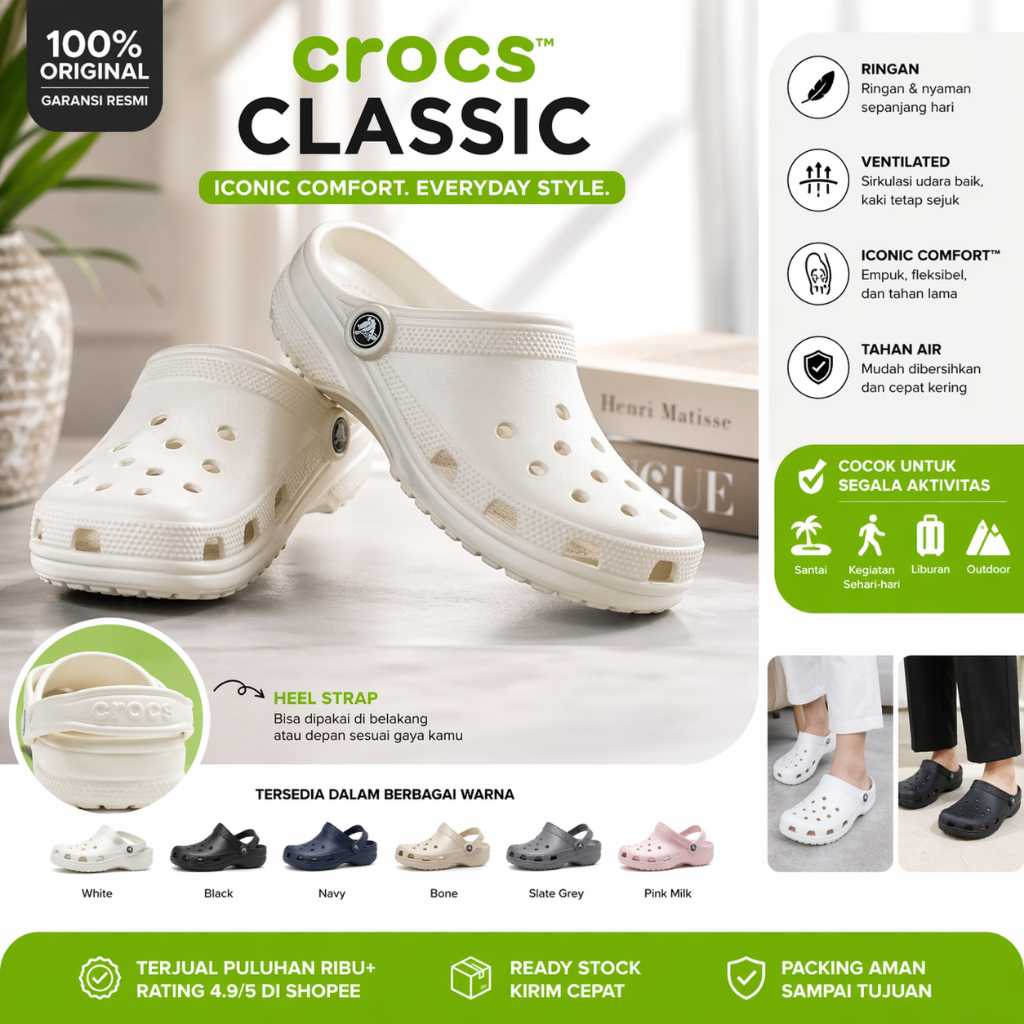 100% Ori Sendal Crocs Classic Unisex Bahan Adem Nyaman Sendal Crocs Clog Pria Wanita