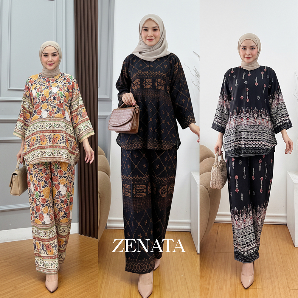 One Set Wanita Kekinian Setelan Rayon Susun Celana Kulot Lengan 7/8 Setean Jumbo Bahan Rayon Adem Ny