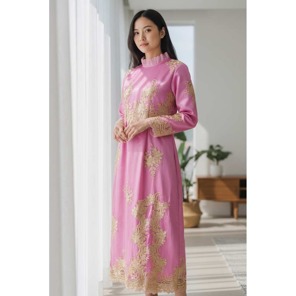 gamis brokat premi pink