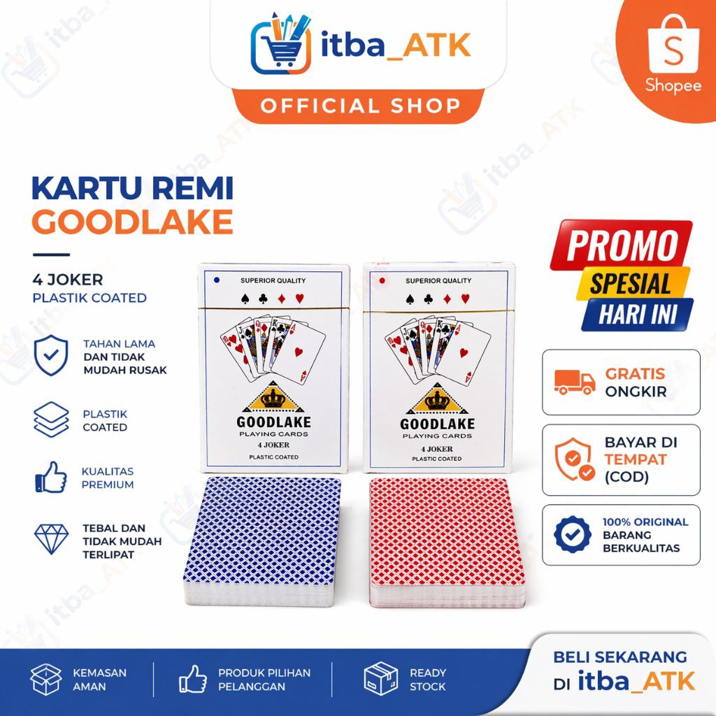 Kartu Remi GOODLAKE 1 Box (12 Pcs) – Plastik Coated Premium 4 Joker, Tebal & Tahan Lama