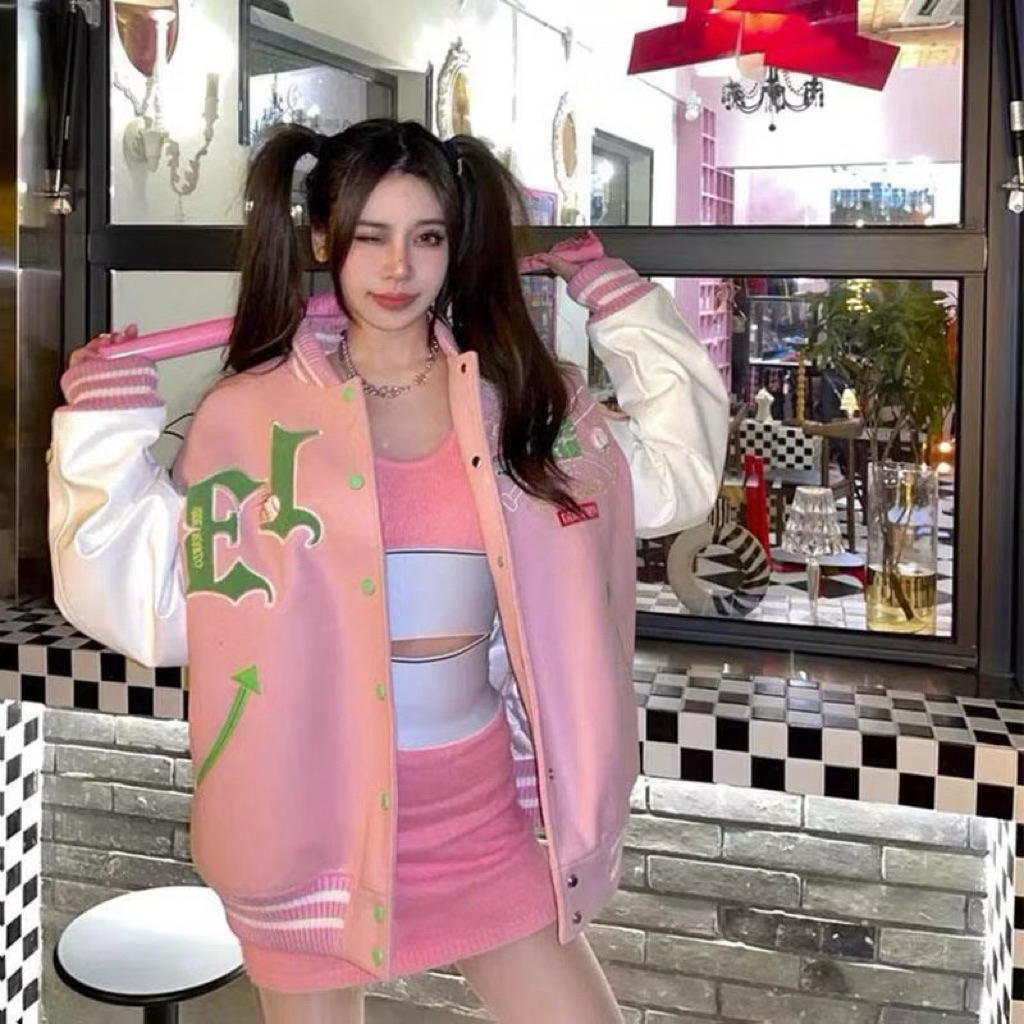 NEW JAKET BASE BALL PINK PEACH TEBAL