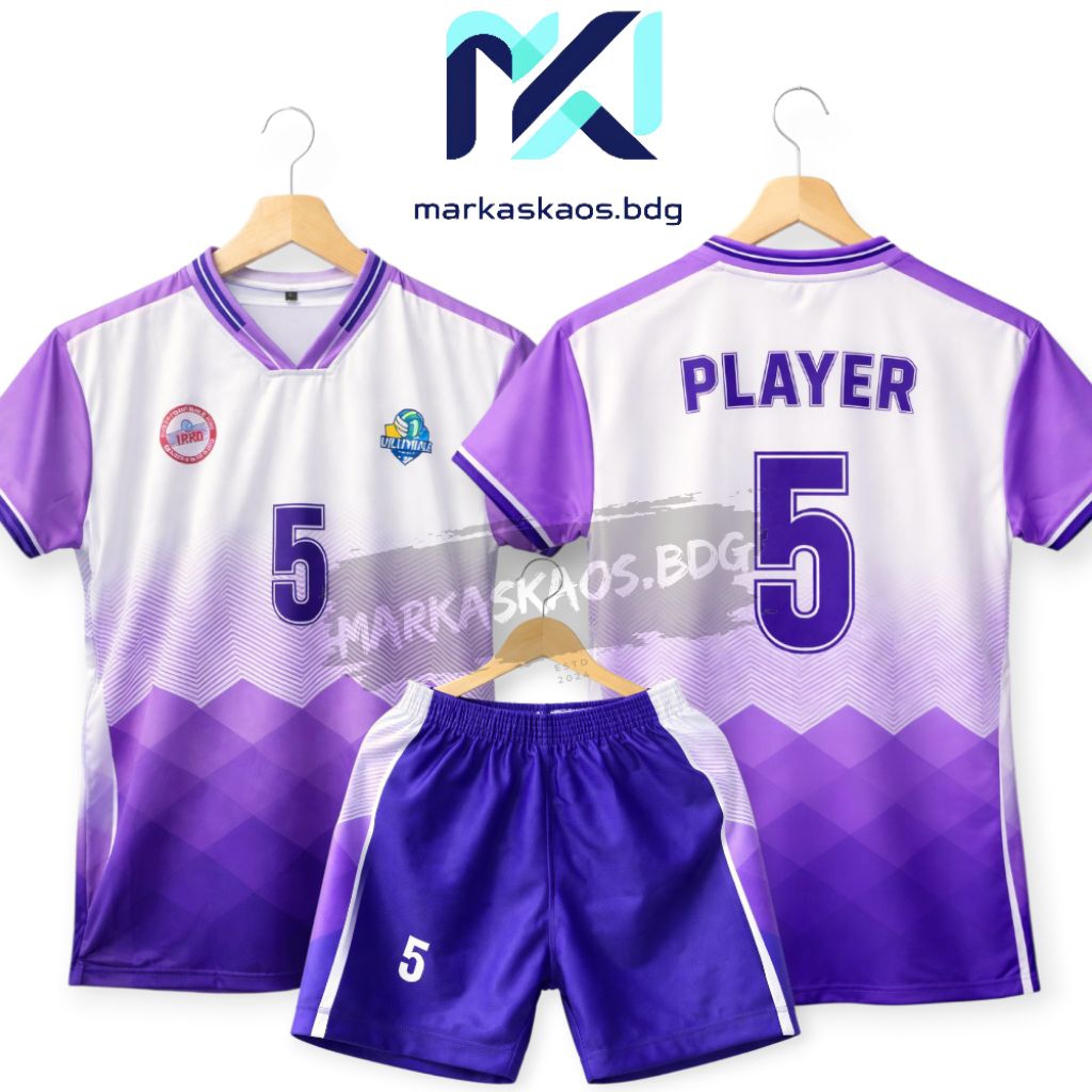 Stelan Jersey Volly Putih Kombinasi Ungu  / Kaos Olahraga Voli Wanita Dan Pria / Free Nama Dan Nomor
