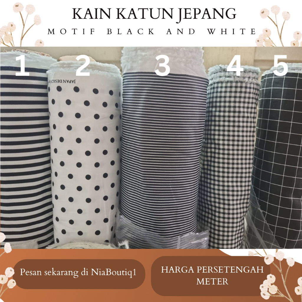 nia boutiq Kain katun Jepang meteran japan design motif salur garis hitam putih