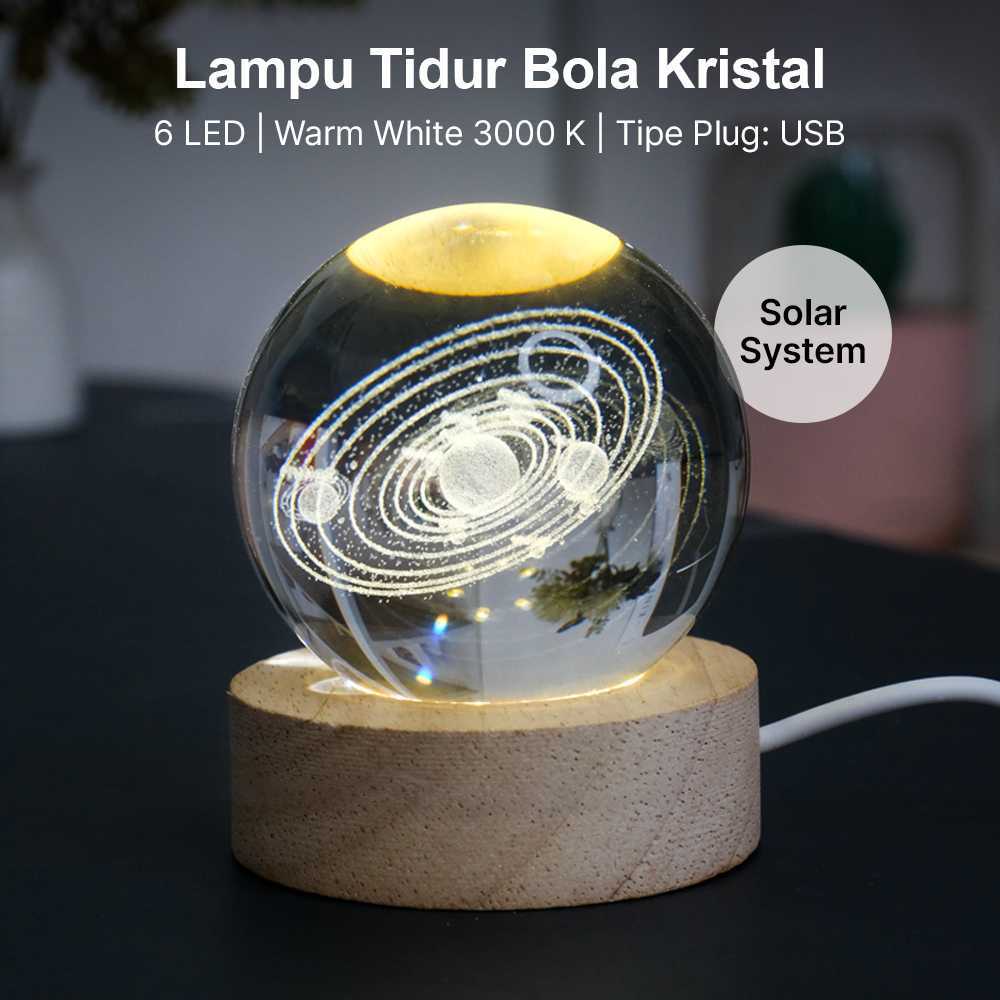 Lampu Tidur Bola Kristal 3D USB 3W Lampu Meja Hias Pajangan Kamar Natural White Estetik