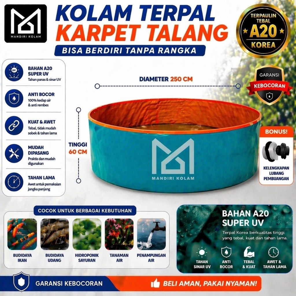 Kolam Terpal Bulat A20 Berdiri Tanpa Rangka D250 T60 - Kolam Terpal Bulat cocok Budidaya Nila