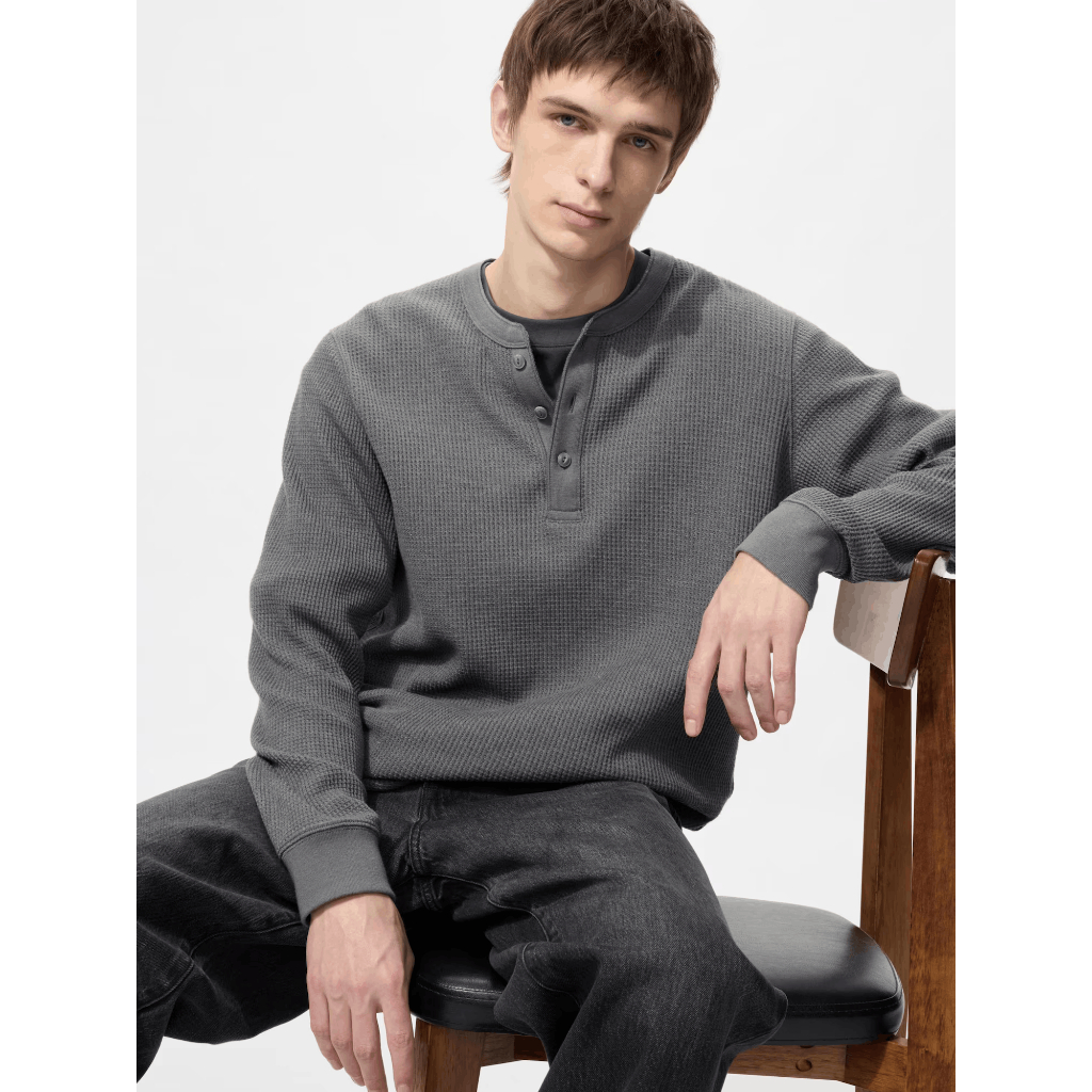 Waffle Henley Neck T-Shirt / Long Sleeve UNIQLO
