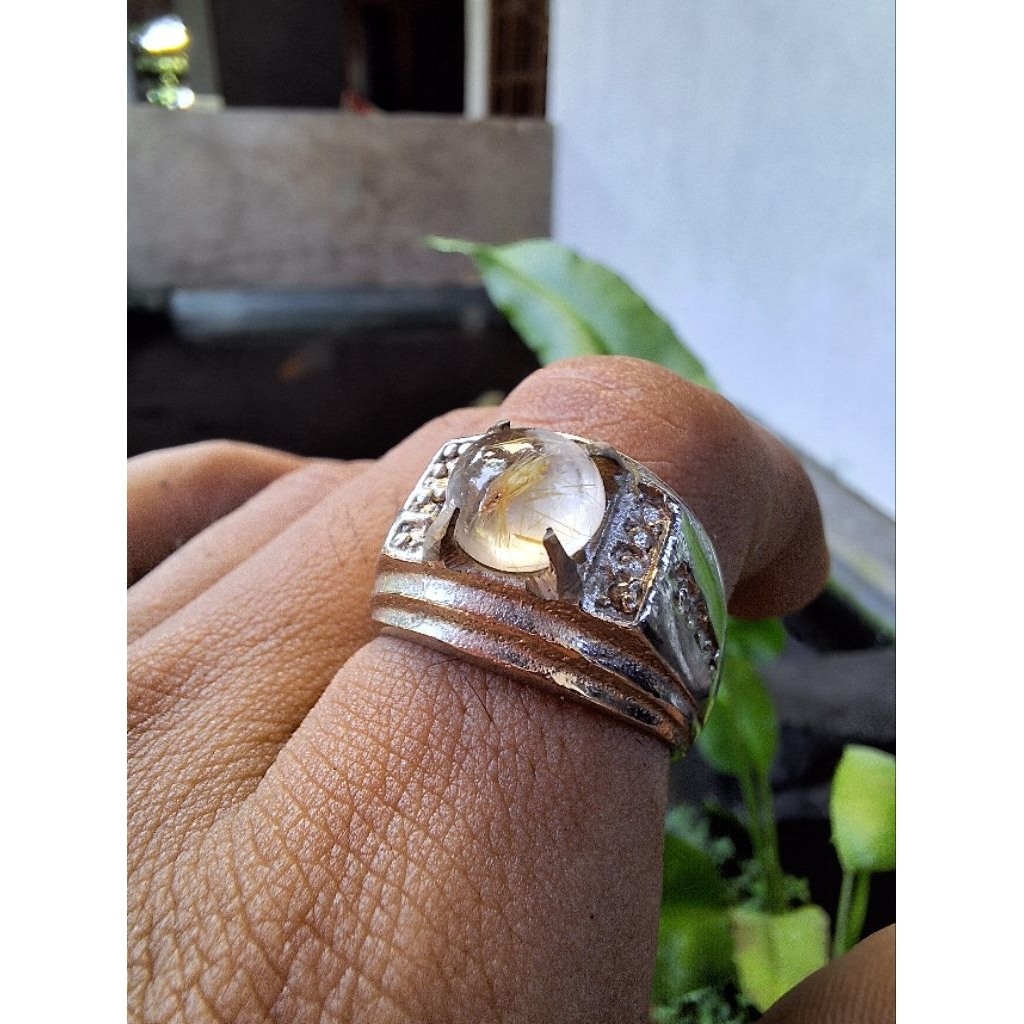 Cincin batu akik cendana serat emas pria elegan ring alpaka super model klasik