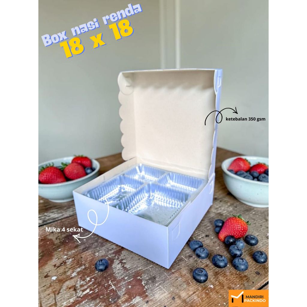 Dus kotak nasi renda putih 18 x 18 (350 GSM) + Mika box Renda R08 Putih non laminasi perpack isi 50
