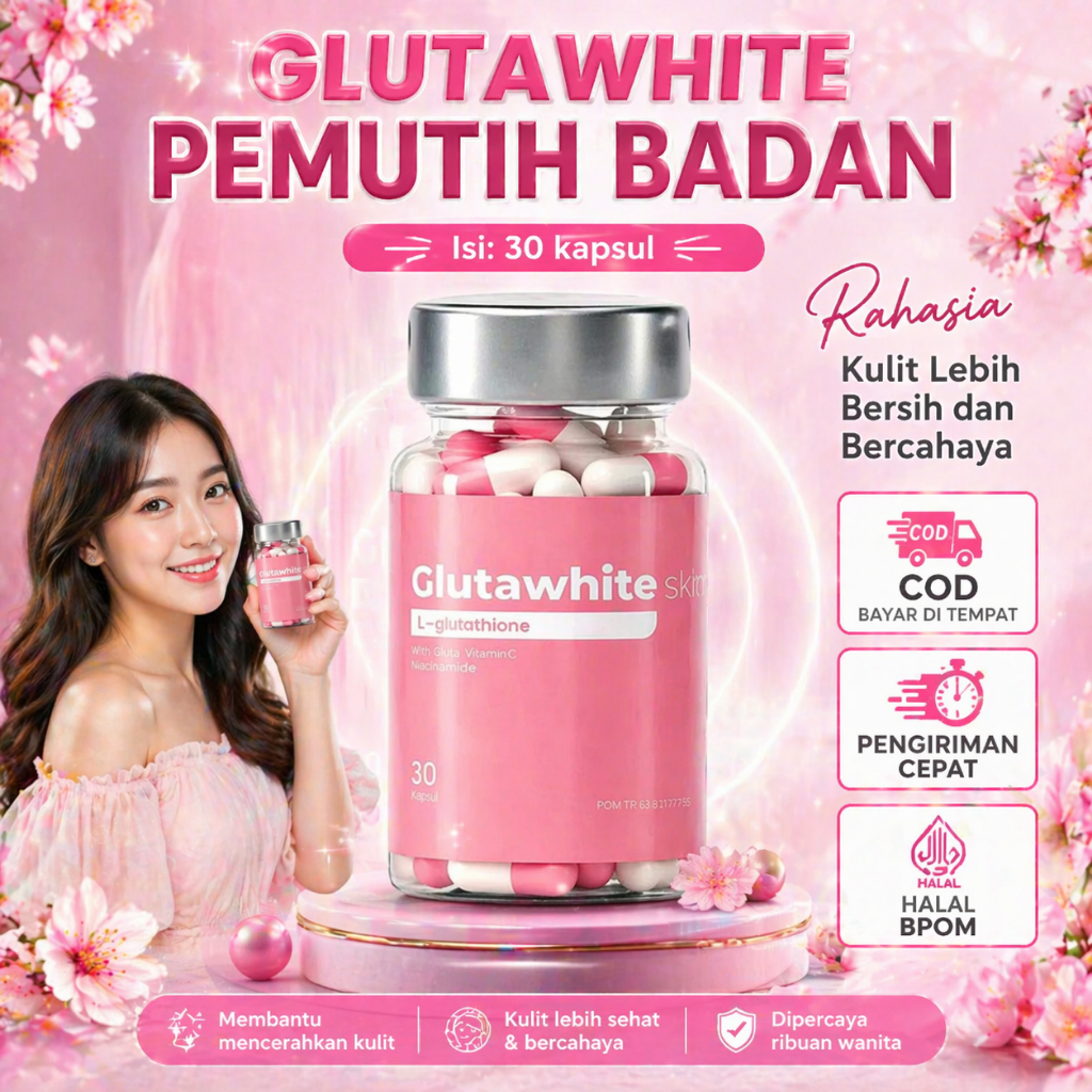 Glutawhite Skin 30 Kapsul Obat Pemutih Badan Wajah Glowing Cerah Original BPOM Halal