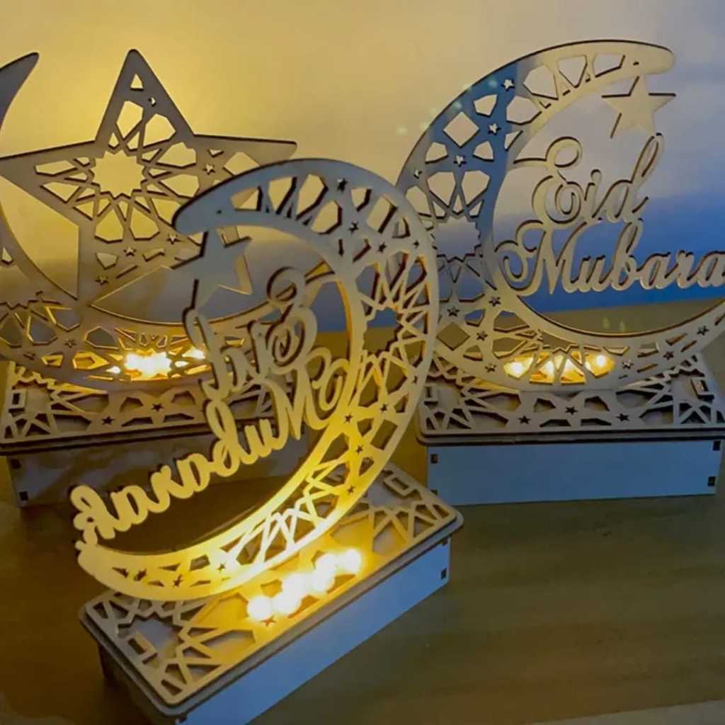Ready Hiasan Meja Ramadhan LED Kayu Eid Mubarak Bulan Bintang – Dekorasi Lebaran Cantik, Unik, dan E