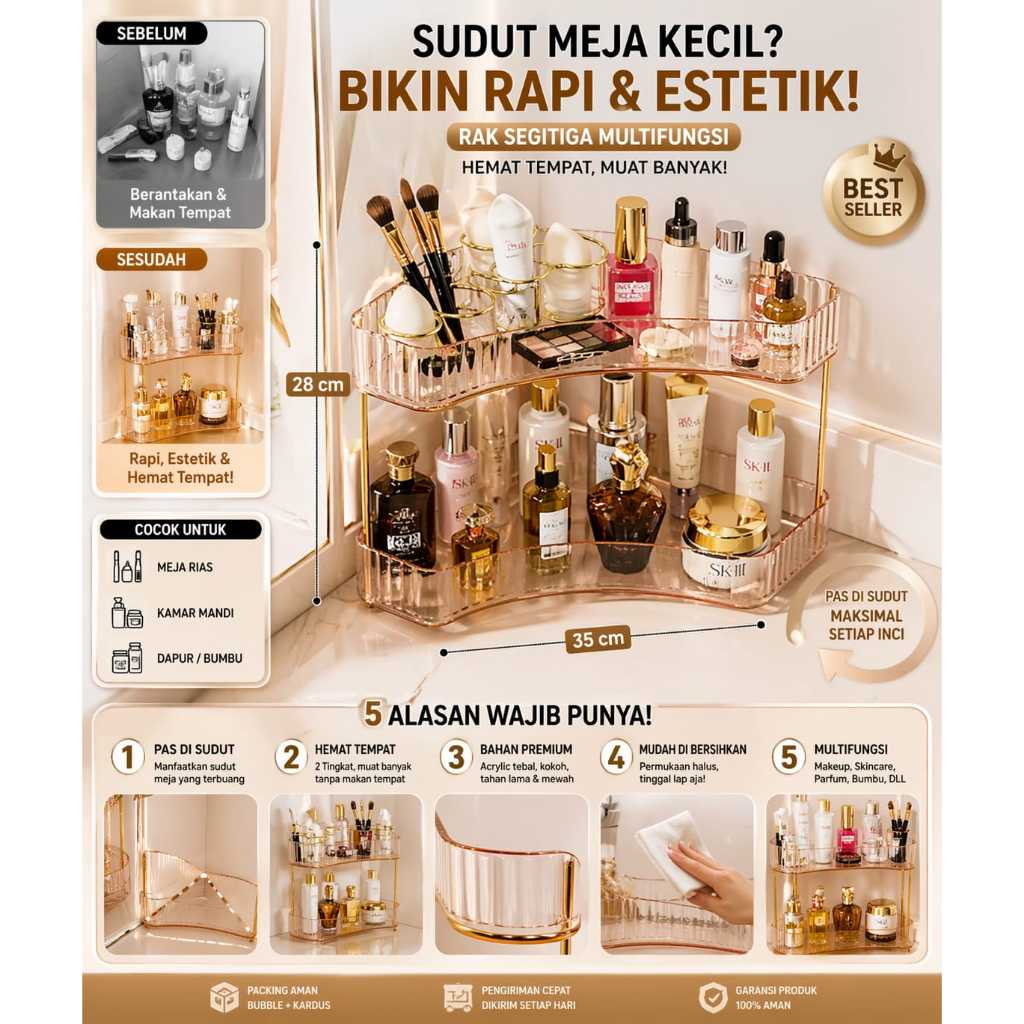 Rak Sudut Make Up Estetik / Organizer Meja Kecil Hemat Tempat Anti Berantakan