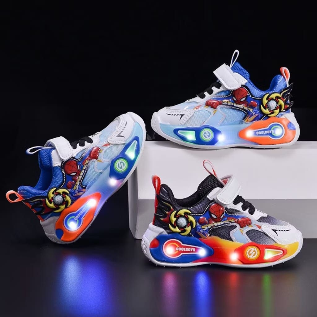 SPMJ - Sepatu Sneakers Anak LED Motif Spiderman /Sepatu LED Anak Laki-laki IMPORT
