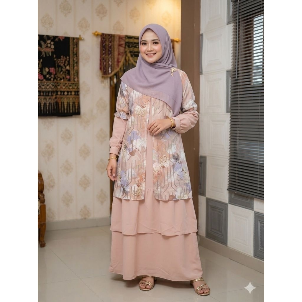 Elegan Gamis Remaja Dewasa Kekinian Fadya Dress Mewah Warna nude dengan bahan Berkualitas Harga Mura