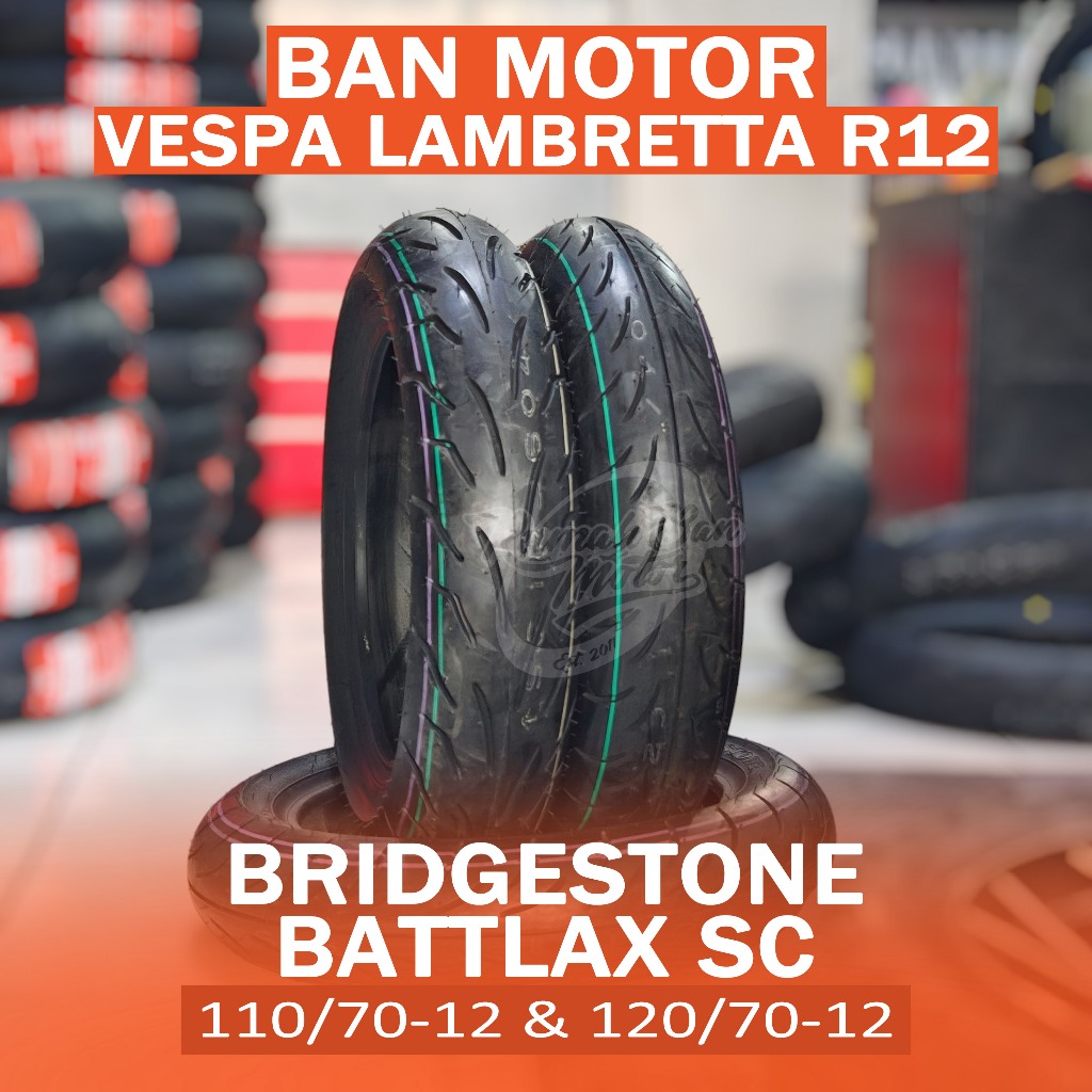 BRIDGESTONE BATTLAX SC 110/70-12 & 120/70-12 BAN VESPA MATIC LAMBRETTA ROYAL ALLOY HONDA MONKEY