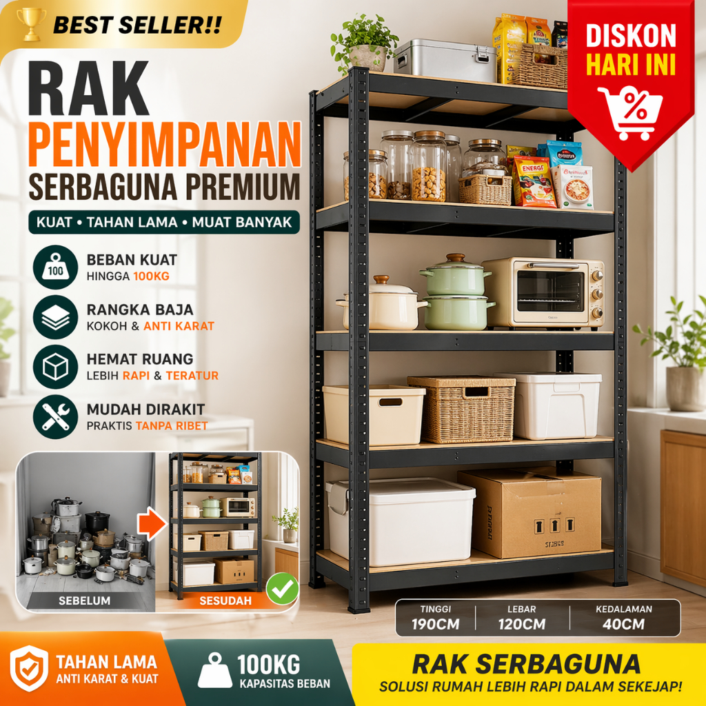 Rak Besi Serbaguna Rak Besi Siku Lubang Rak Besi Susun 120*40*200CM Rak Hitam Rak Susun 5 Tingkat
