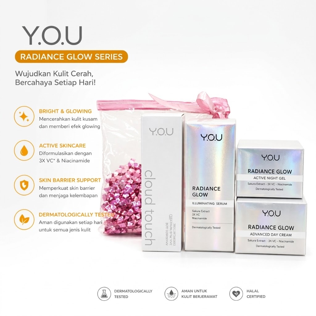 Y.O.U Radiance Glow Series Set Serum + Day Cream + Night Gel – Brightening Skincare Niacinamide/Pake