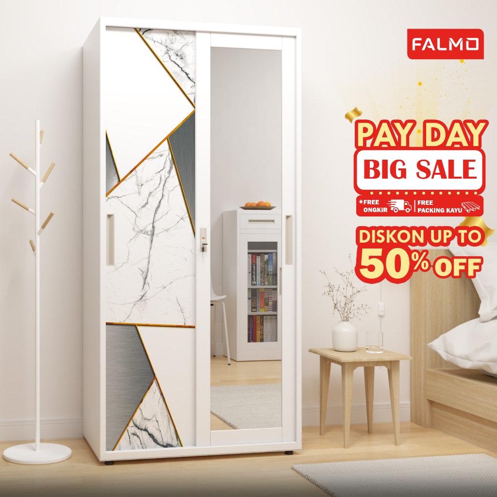 FALMO Lemari Pakaian 2 Pintu/ 90cm 2 gantungan Lemari Kaca Baju Minimalis Pintu Sliding Full Motif