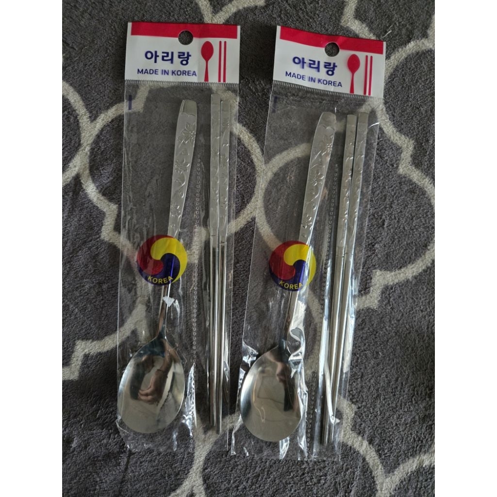 souvenir korea asli - Set Sendok dan Sumpit Stainless Steel Motif Bunga Tradisional Korea