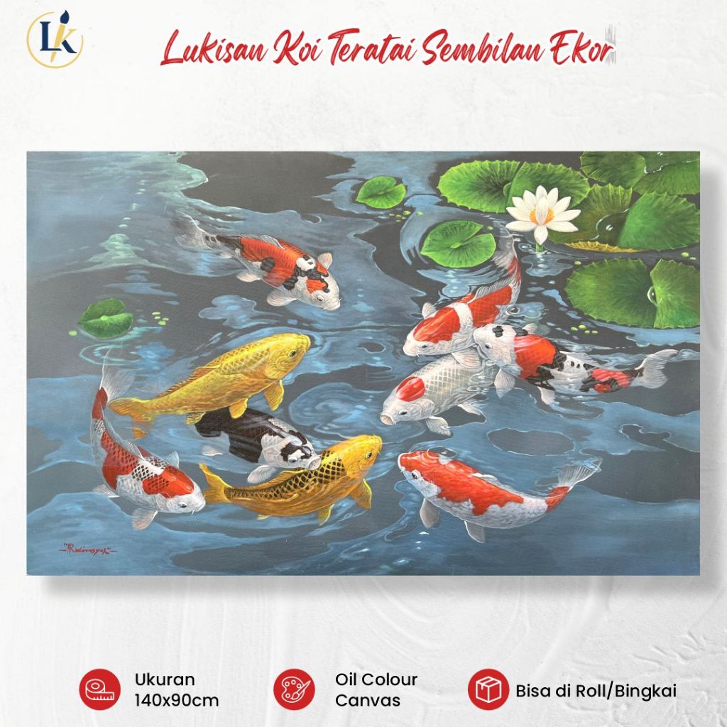 Lukisan Kanvas - Lukisan Ikan Koi dan Arwana 140x90cm Handmade Hiasan Dinding Ruang Tamu