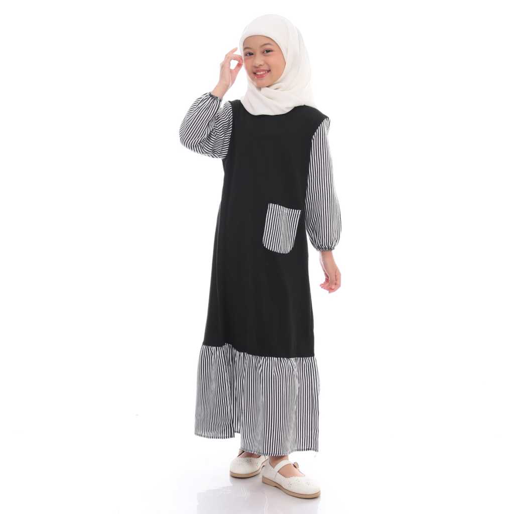 Gamis Kaos Motif Anak Perempuan Muslim Hitam - Usia Tanggung 5 Sampai 14 Tahun Kekinian