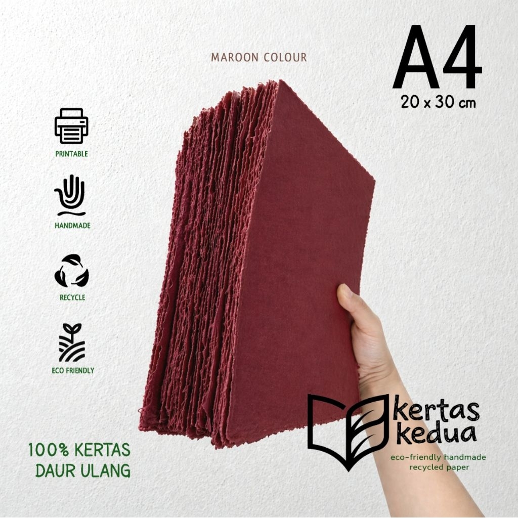 Kertas daur ulang A4 warna MAROON / handmade/ bisa print/ recycled paper