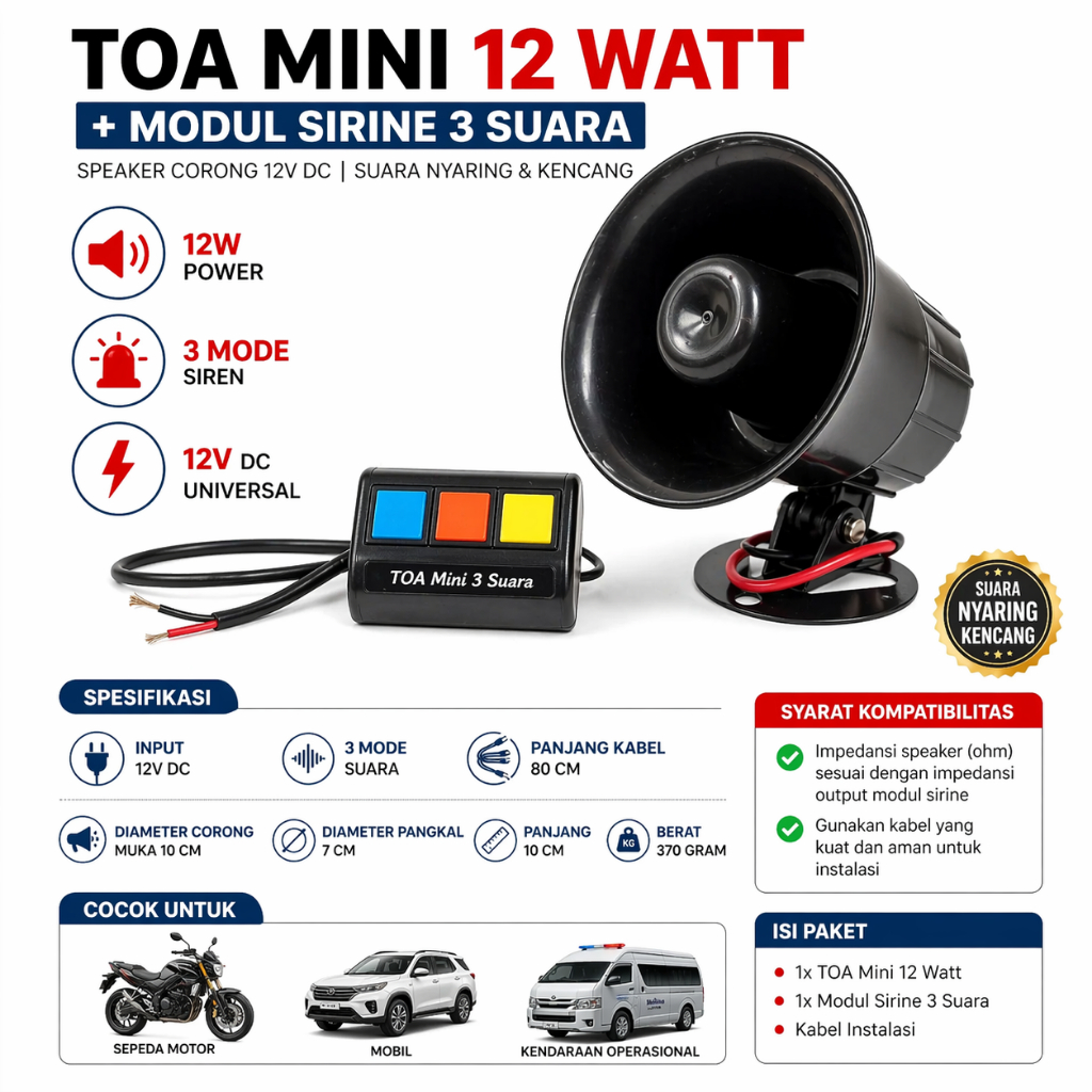TOA Mini 12 Watt + Modul Sirine 3 Suara | Speaker Corong Motor Mobil 12V | Sirine Patwal 3 Mode