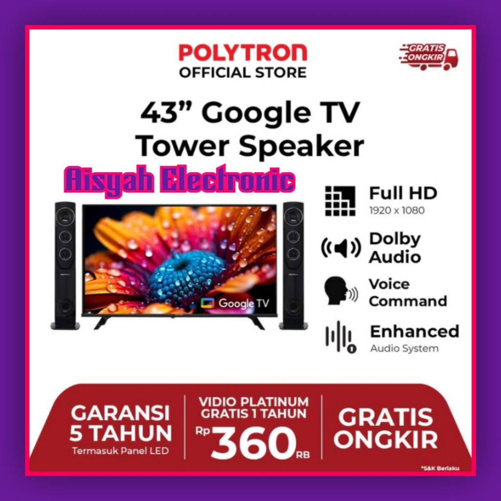 GOOGLE TV POLYTRON 43 INCI 43TG5055 GARANSI 5 TAHUN