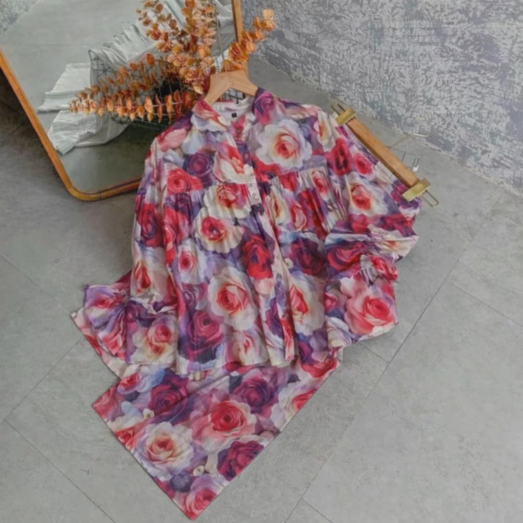 Setelan Rayon Lengan Balon Terbaru-One Set Wanita