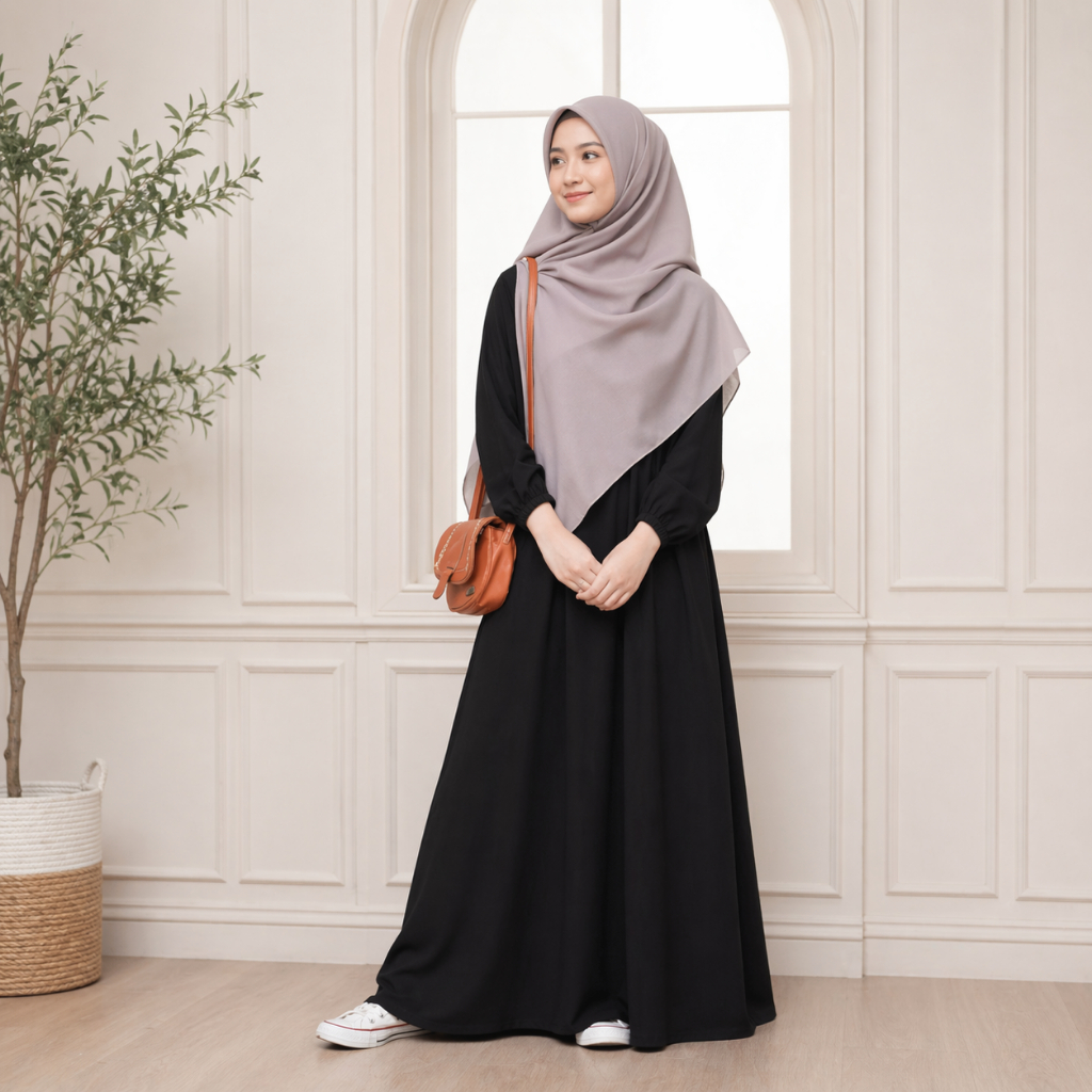 Gamis Muslim Lengan Karet Kekinian Polos Elegan | Gamis Grosir Cibaduyut