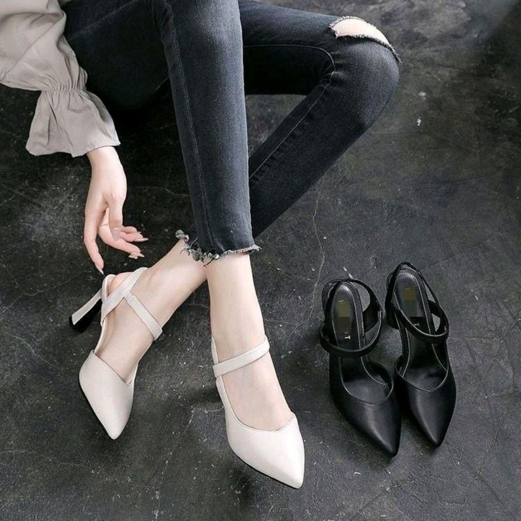 Sandal luxury Wanita Bapau Lancip Hak 7CM Heels Shoes liburan white ungu slip-on Sepatu Mules