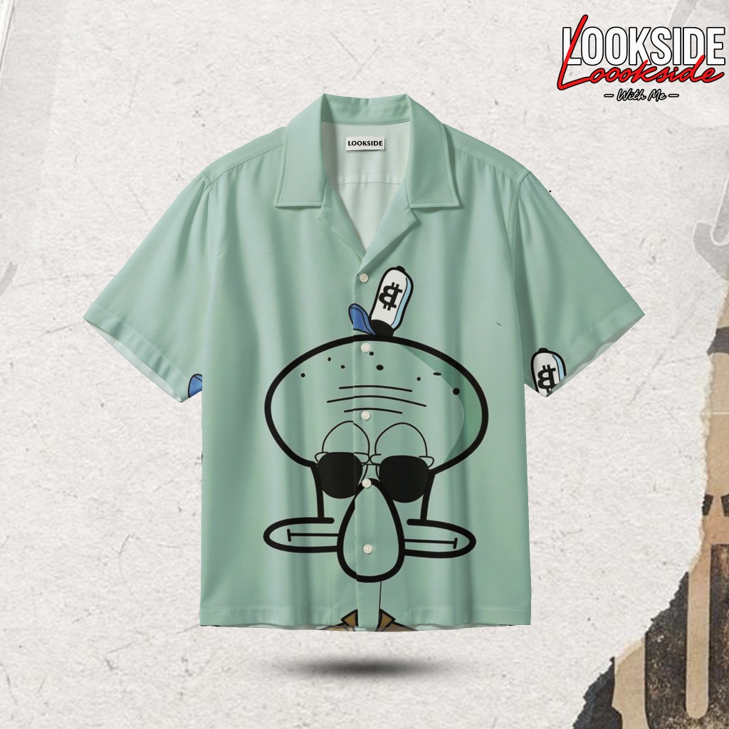 LOOKSIDE Kemeja Squidward Chill Sage Green - Kemeja Kartun Aesthetic Unisex Premium l KLOK09