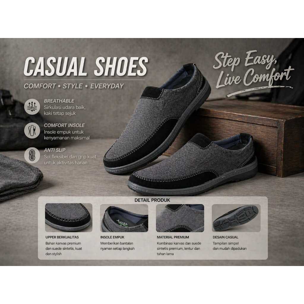 Mancastle Aldo Sepatu Pria Slip On Casual Kanvas | Sepatu Santai Pria Trendy Nyaman | Sepatu Slip On