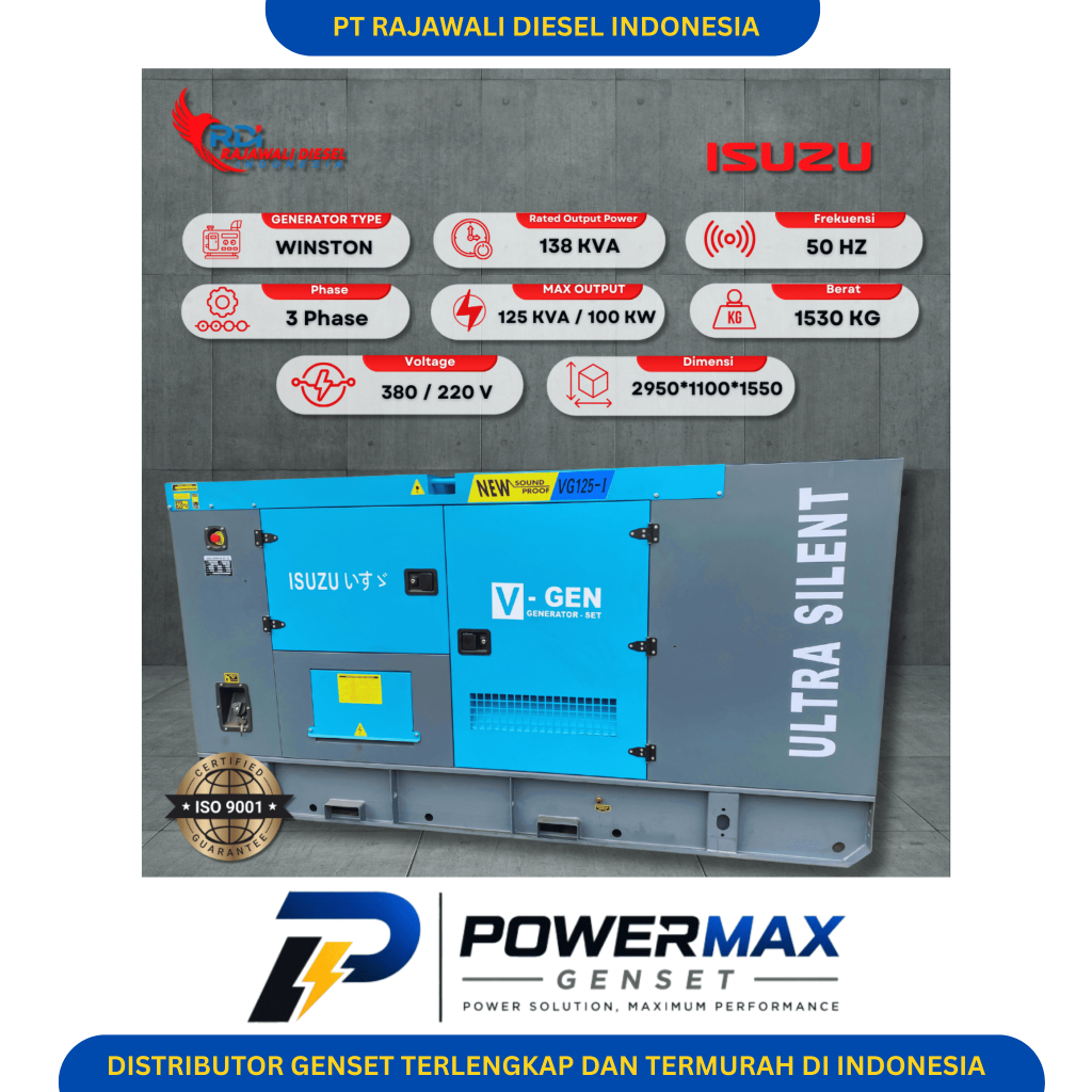 Genset Isuzu 125 KVA Ultra Silent Type Bahan Bakar Diesel 3 Phase 380V Harga Bisa Di Negosiasikan
