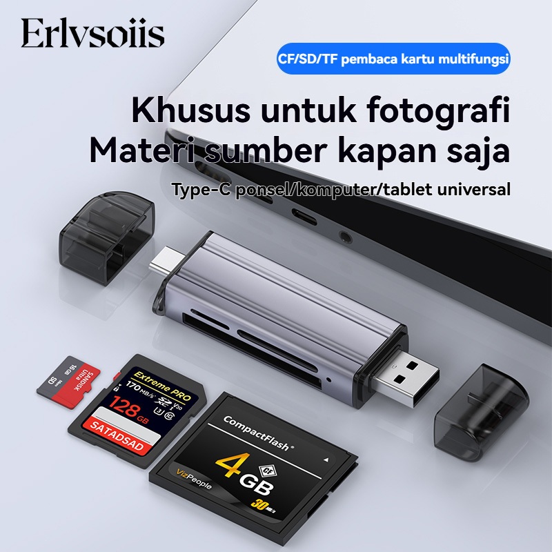 Erlvsoiis Card Reader CF/SD/TF 3-in-1 – Multi Fungsi, Kecil & Elegan, Kompatibel dengan HP Type-C, K