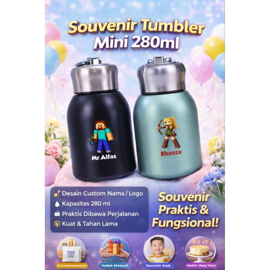 souvenir tumbler 280ml/tumbler mini portable serbaguna/souvenir ulang tahun/lhitanan/aqiqah/corporat
