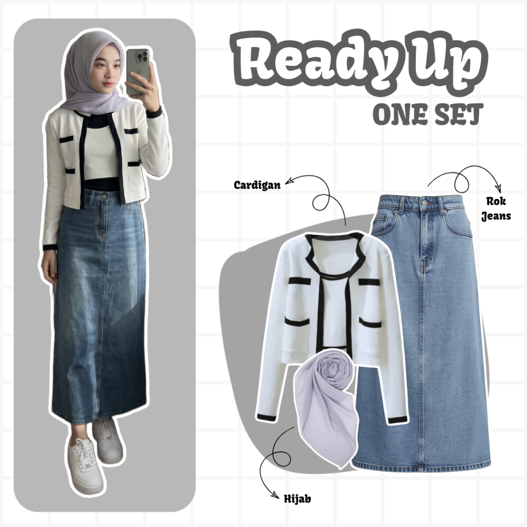 One Set Daily Wanita | Cardigan, Rok Jeans, Hijab| Outfit Hijab Casual, Setelan Outfit Wanita, OOTD